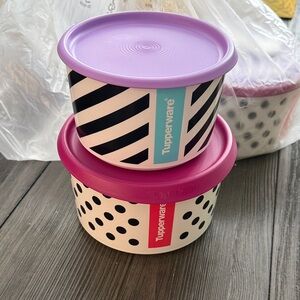 Tupperware Black and White Bowls with Pink and Purple Lids